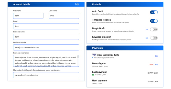 Account & controls cards